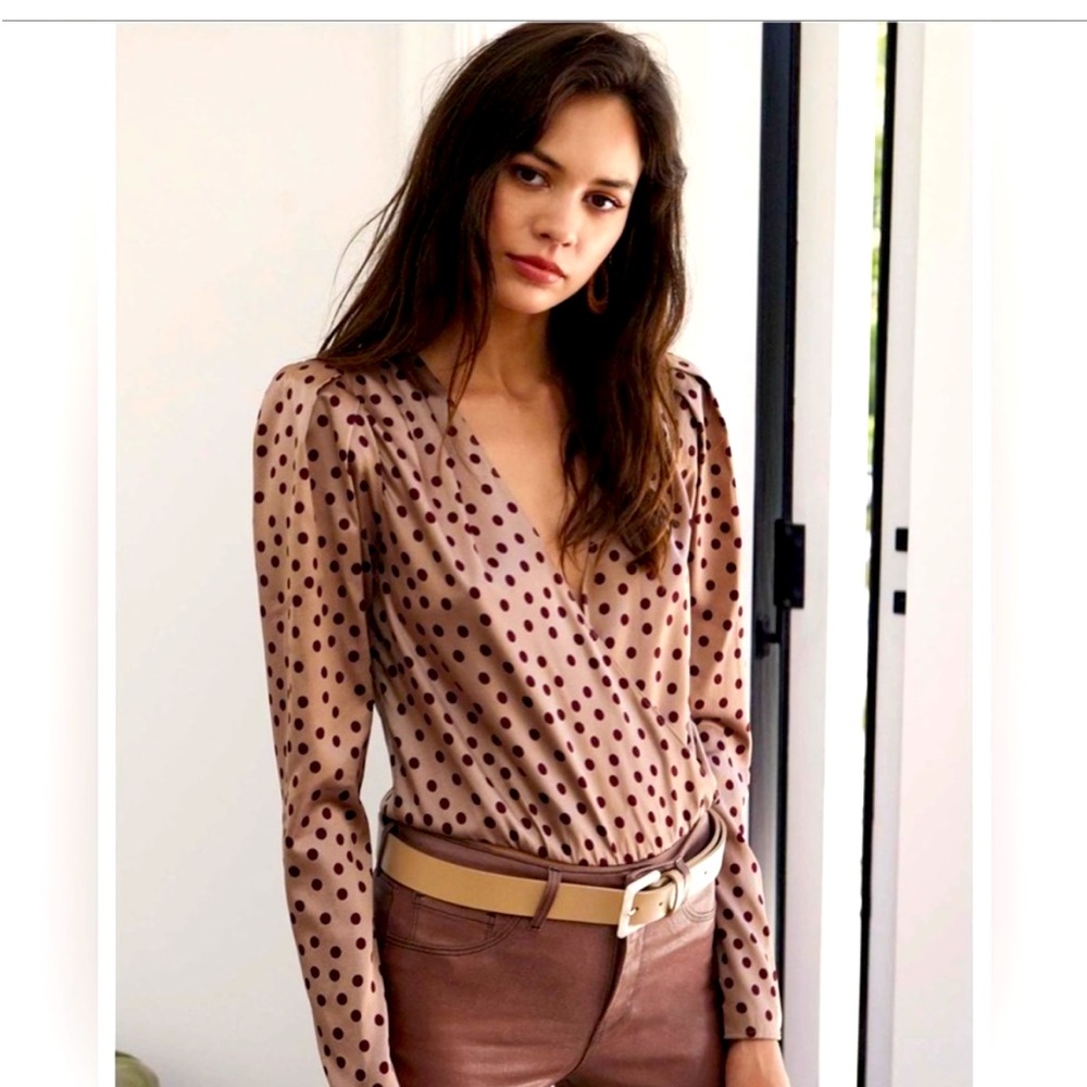 L'AGENCE Brenda Puff Sleeve Silk Polka Dot Bodysuit Lg